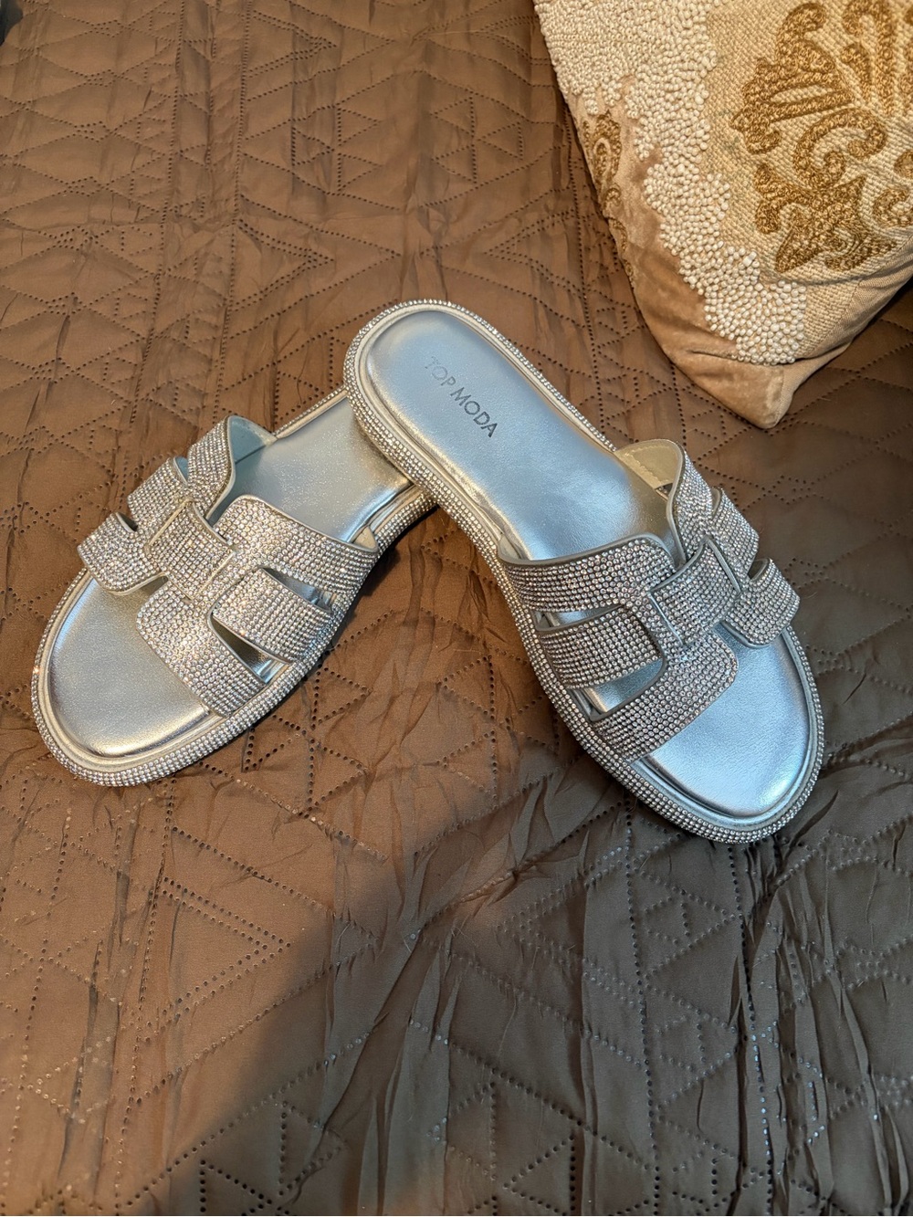 TOP Moda Silver Crystal Embellished Slide Mules